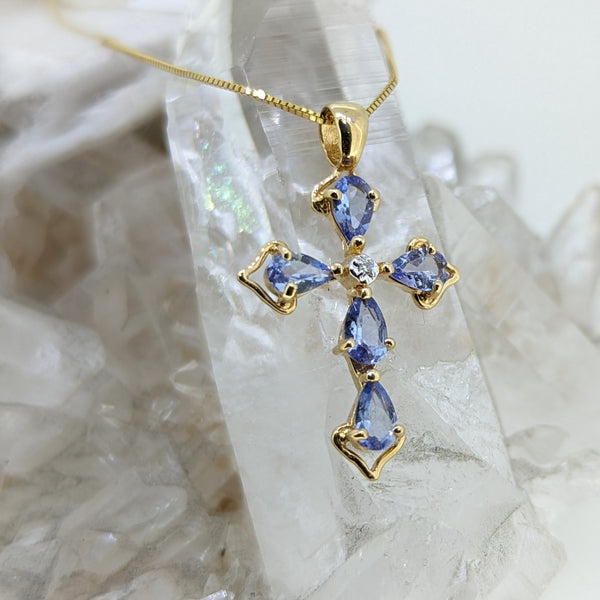 14K Yellow Gold Tanzanite Cross Necklace - thegoldsmith