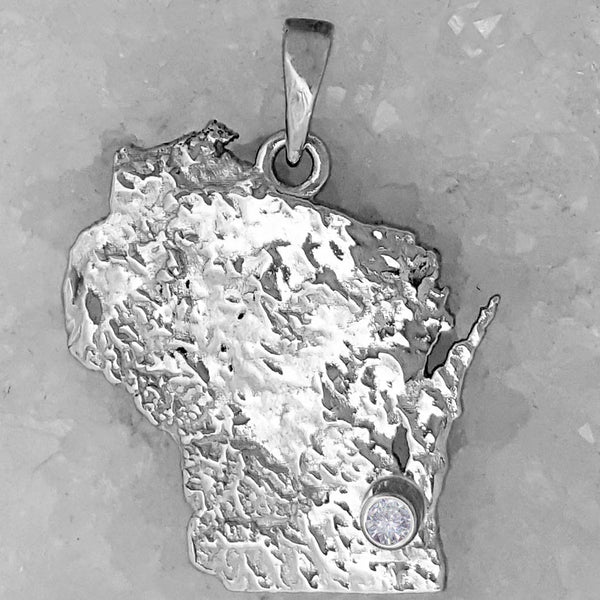 Custom Sterling Silver State of Wisconsin Pendant, Bezel set with a .05ct. Diamond at Your Special Location