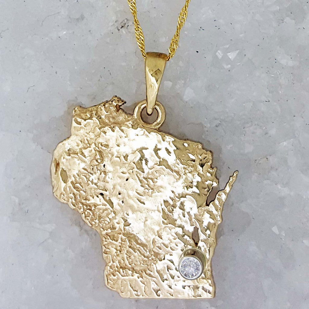 Custom Gold State of Wisconsin Pendant and Chain, Set with a Diamond at Your Special Location
