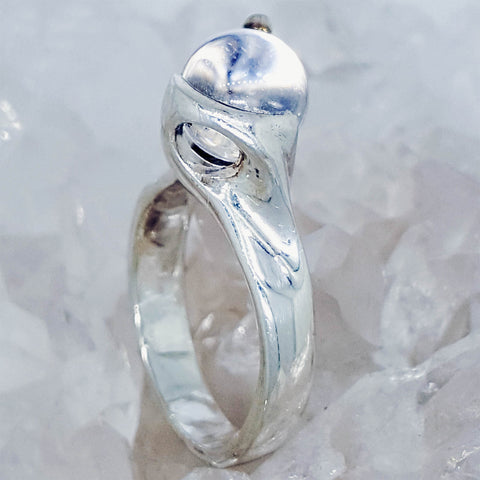 Hand Created Sterling Silver Ring set with a Quartz Crystal Ball