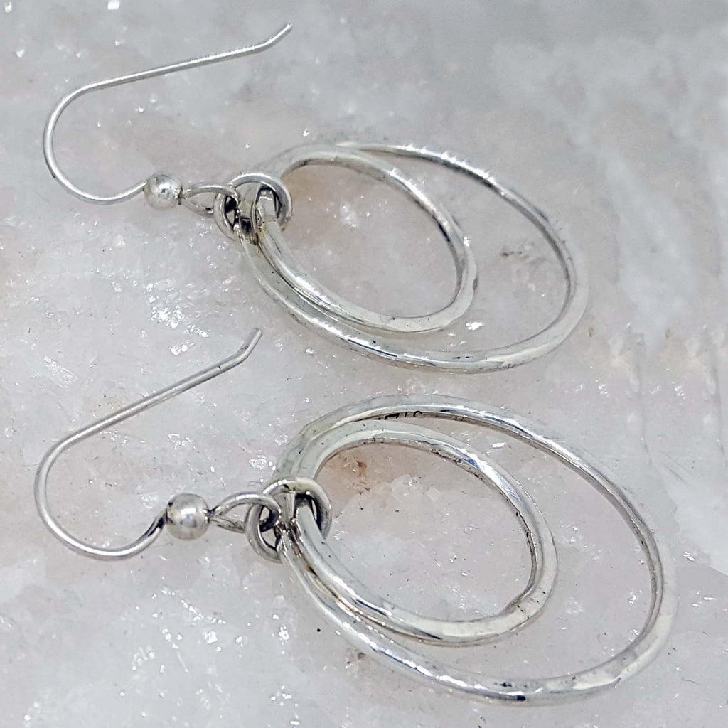 Hand Crafted Sterling Silver Dangle Hoop Earrings with a Hammered Finish