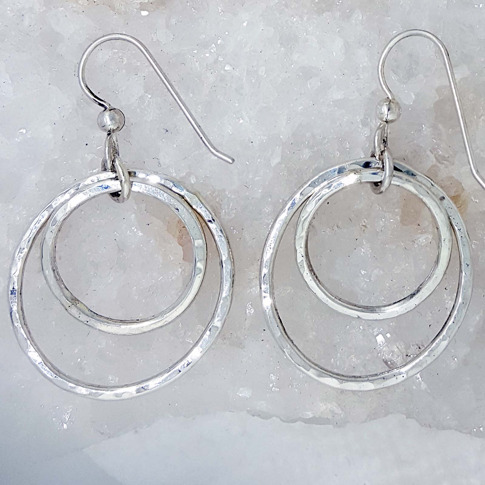Hand Crafted Sterling Silver Dangle Hoop Earrings with a Hammered Finish