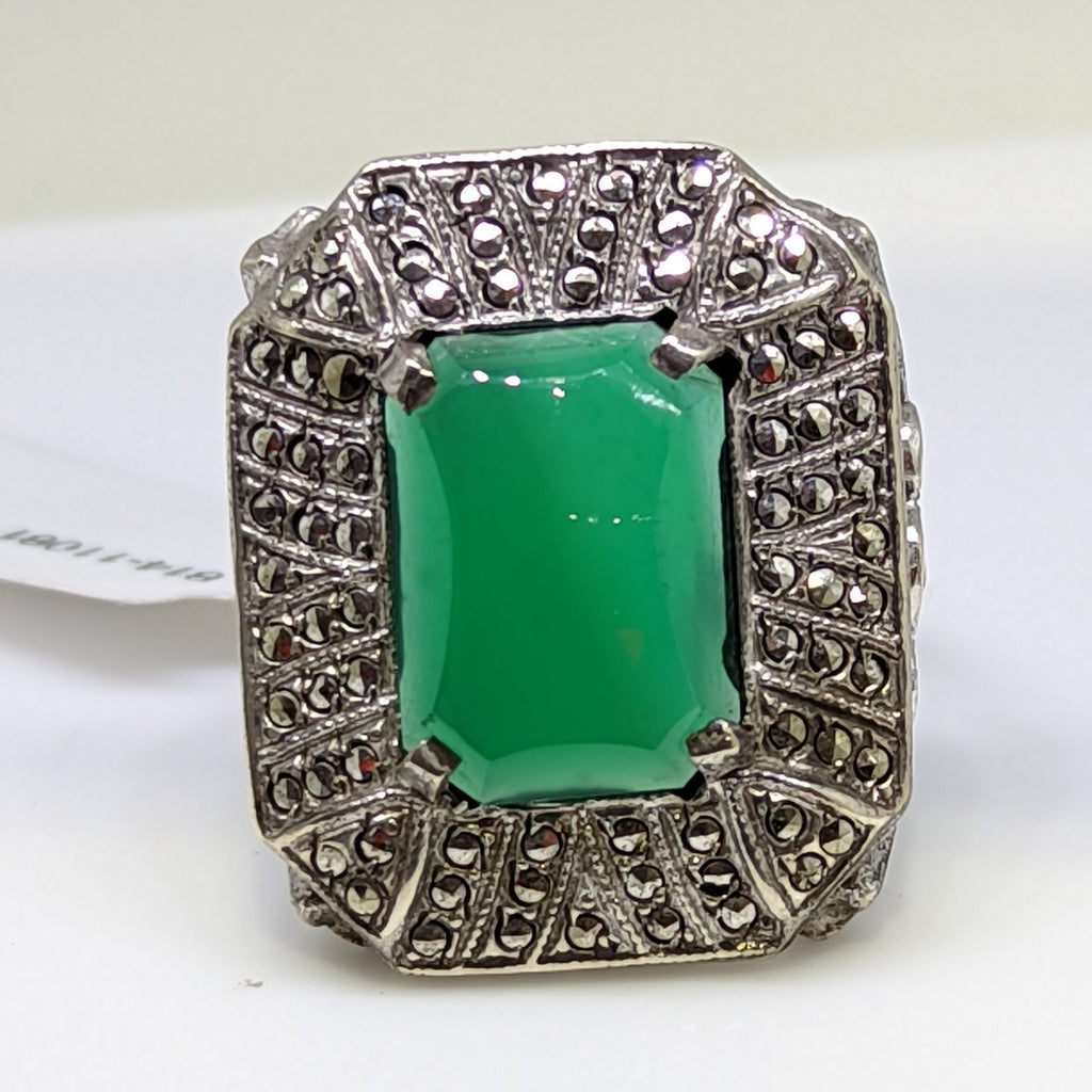 Vintage Sterling Silver Marcasite Green Onyx Ring