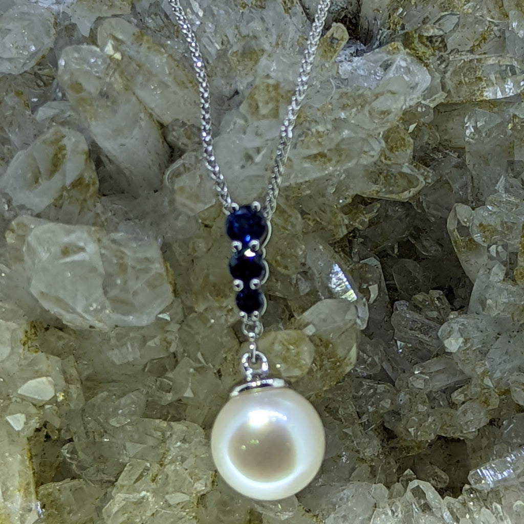 14K White Gold Sapphire and Pearl Necklace