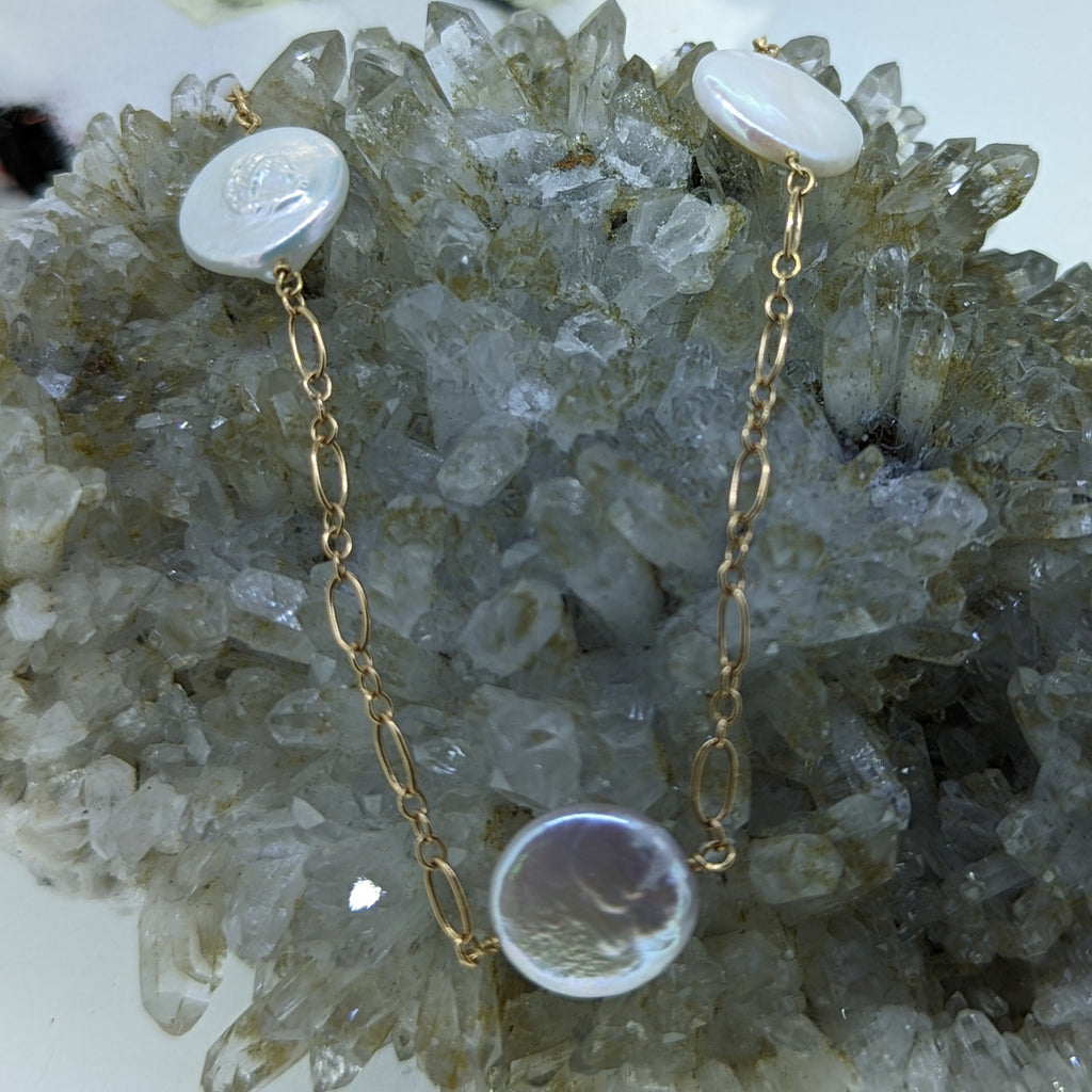 14K Yellow Gold Multi Pearl Coin Necklace