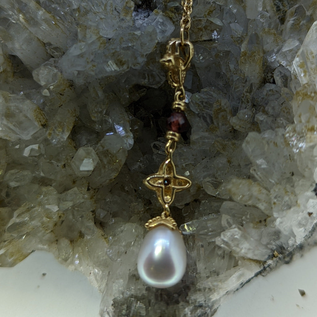 14K Yellow Pearl and Garnet Necklace