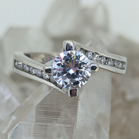 14K White Gold Engagement Ring Featuring a Cubic Zirconia Center Stone