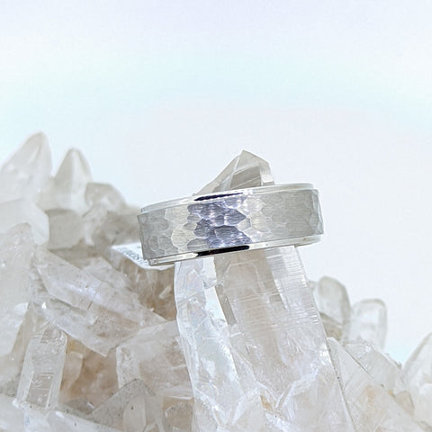 Hammered White Tungsten Wedding Band