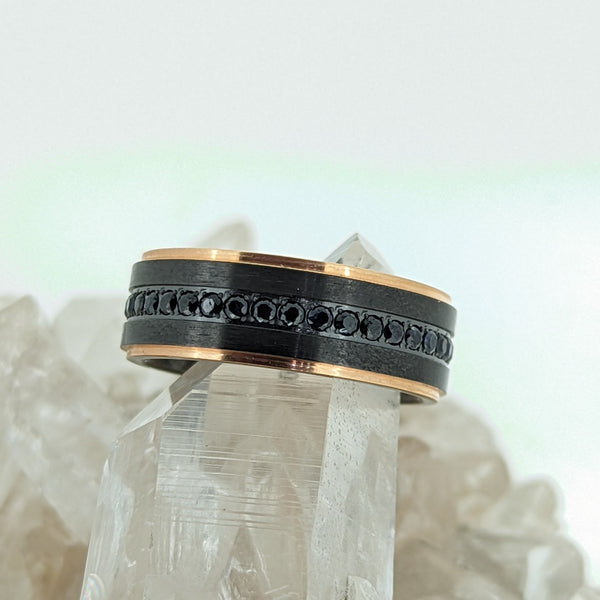 Black Titanium Rose Gold Wedding Band Featuring Black Sapphires