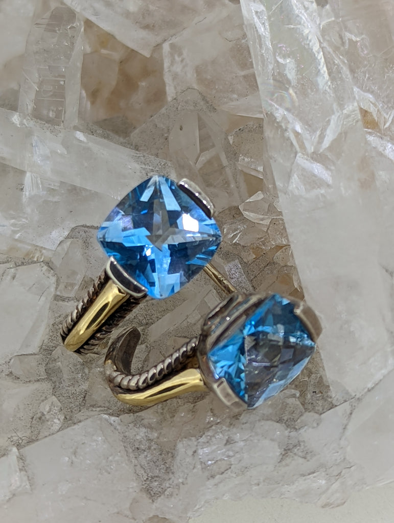 18K Yellow Gold and Sterling Silver Blue Topaz Earrings