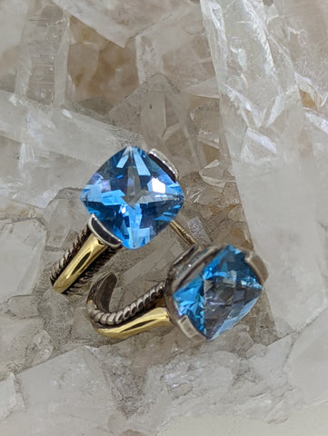 18K Yellow Gold and Sterling Silver Blue Topaz Earrings