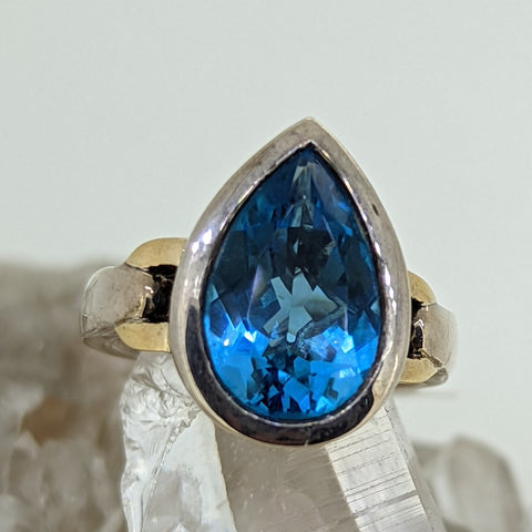 18K White and Yellow Gold Sterling Silver Blue Topaz Ring