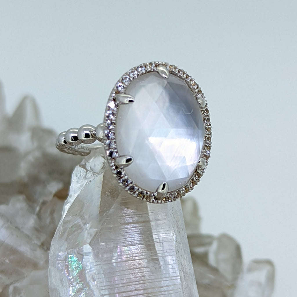 Sterling Silver Mother of Pearl and White Sapphire Ring