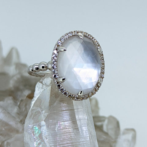 Sterling Silver Mother of Pearl and White Sapphire Ring