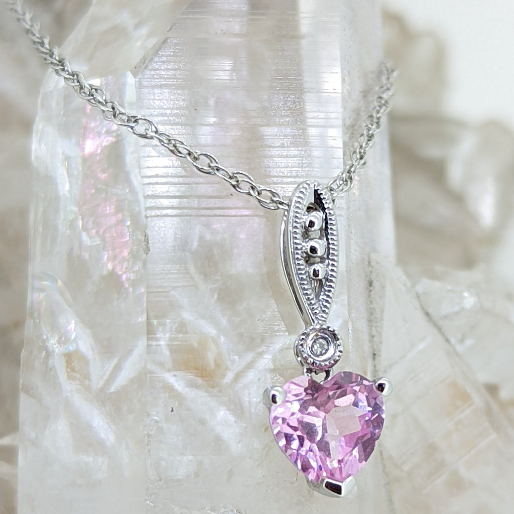 10K White Gold Created Pink Sapphire Necklace