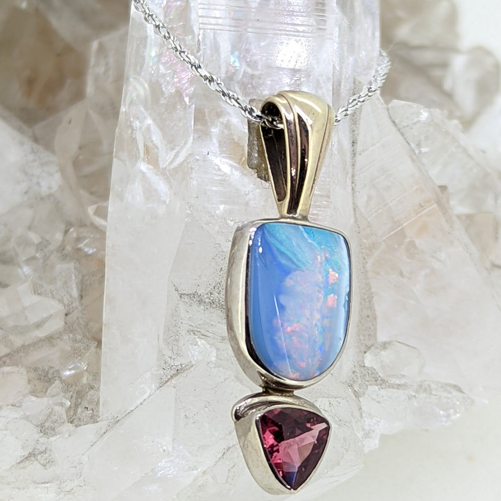 18K White Gold Opal and Pink Tourmaline Necklace
