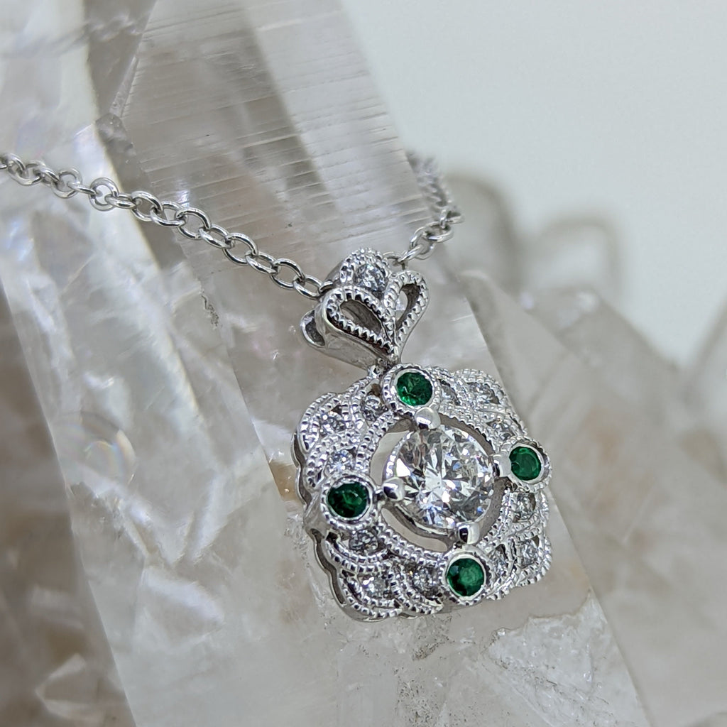14K White Gold Emerald and Diamond Necklace