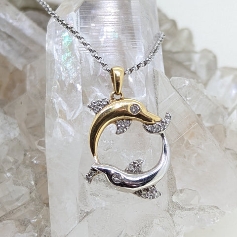 14K Tri Tone Diamond Dolphin Necklace