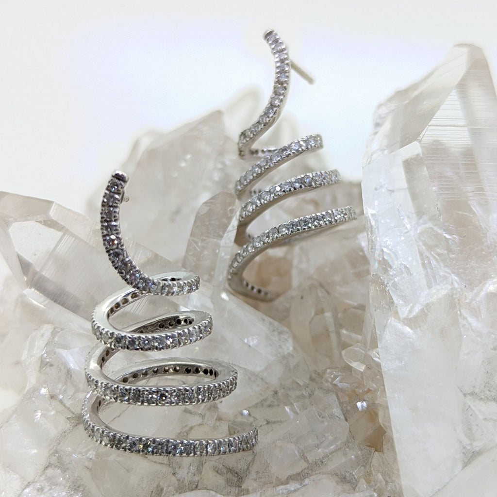 14K White Gold Diamond Spiral Earrings