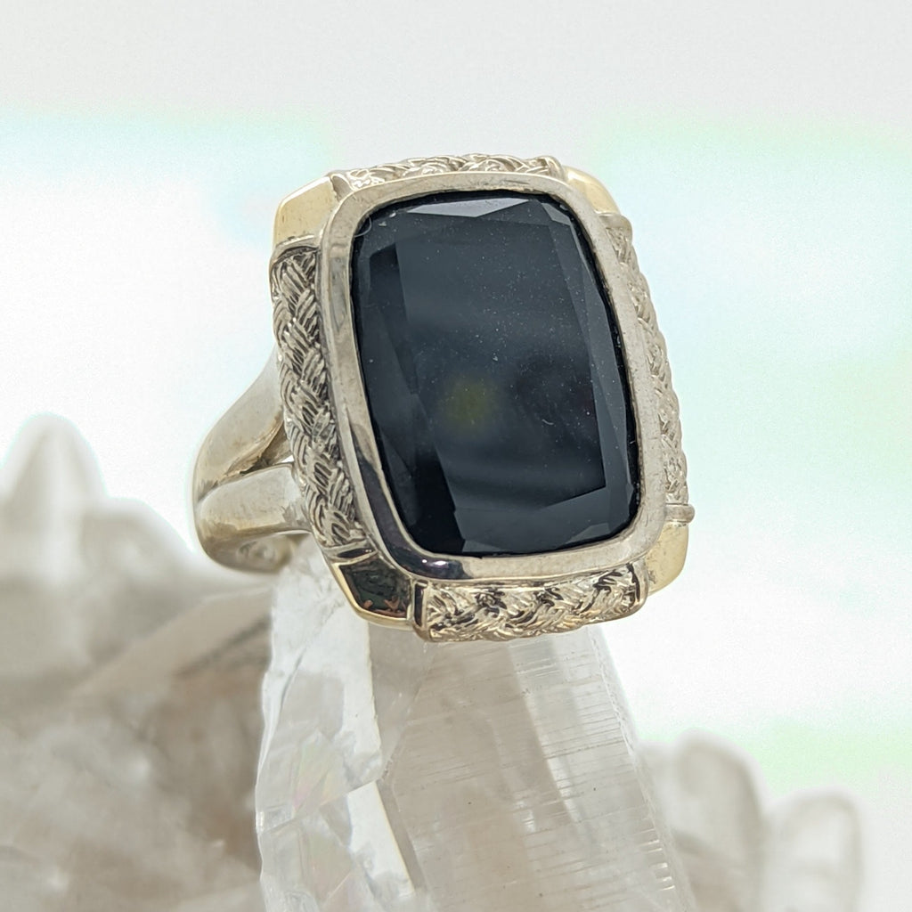 18K Yellow Gold and Sterling Silver Onyx Ring