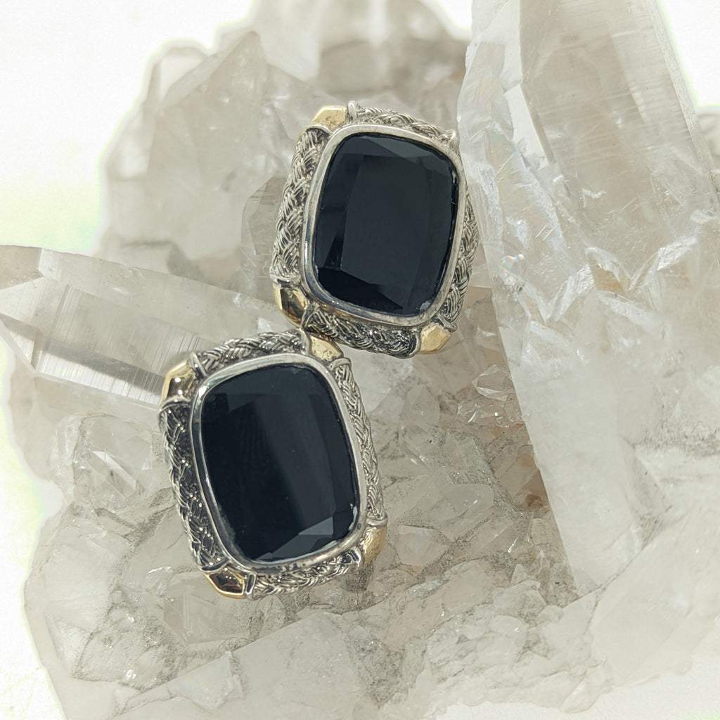 18K Yellow Gold and Sterling Onyx Earrings