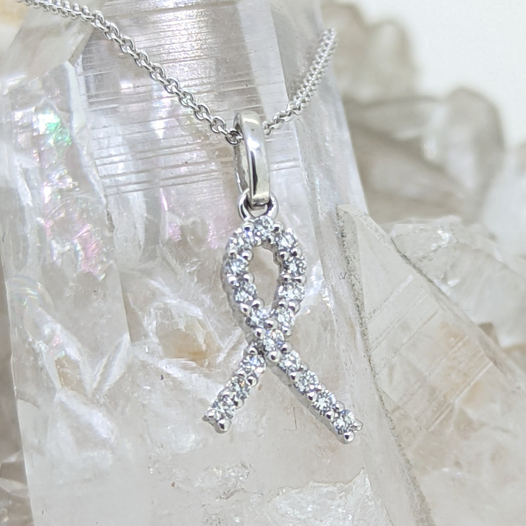 14K White Gold Diamond Cancer Ribbon Necklace
