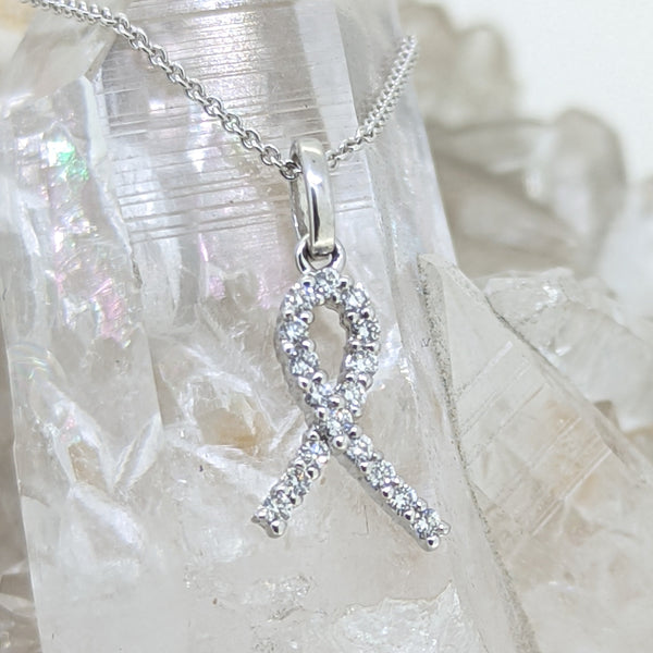 14K White Gold Diamond Cancer Ribbon Necklace