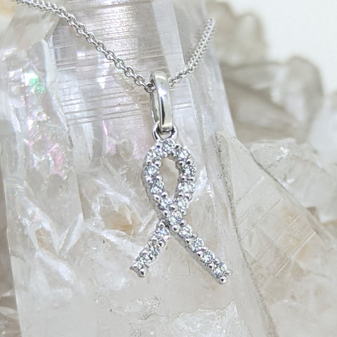 14K White Gold Diamond Cancer Ribbon Necklace