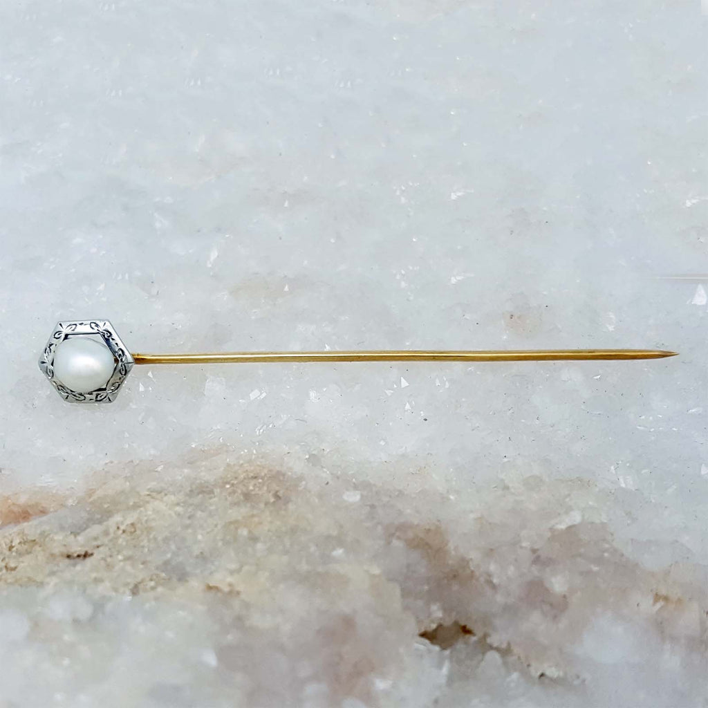 Yellow and White Gold Pin set with a Pearl