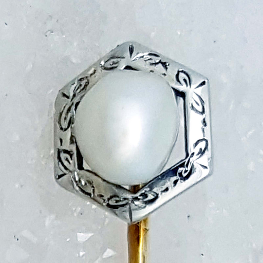 Yellow and White Gold Pin set with a Pearl