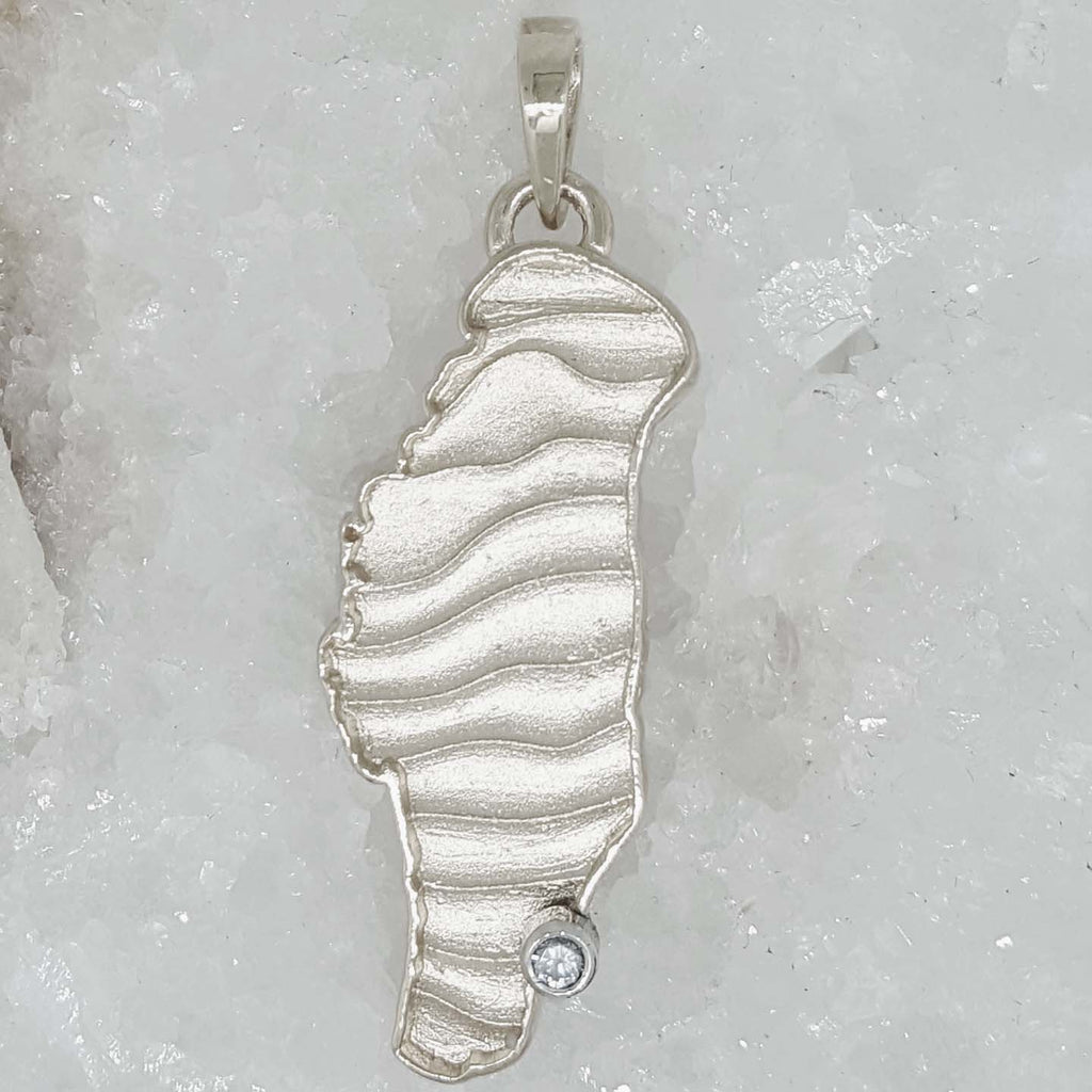 Custom Lake Winnebago Gold Pendant and Chain, Bezel set with a .05ct. Diamond at Your Special Location
