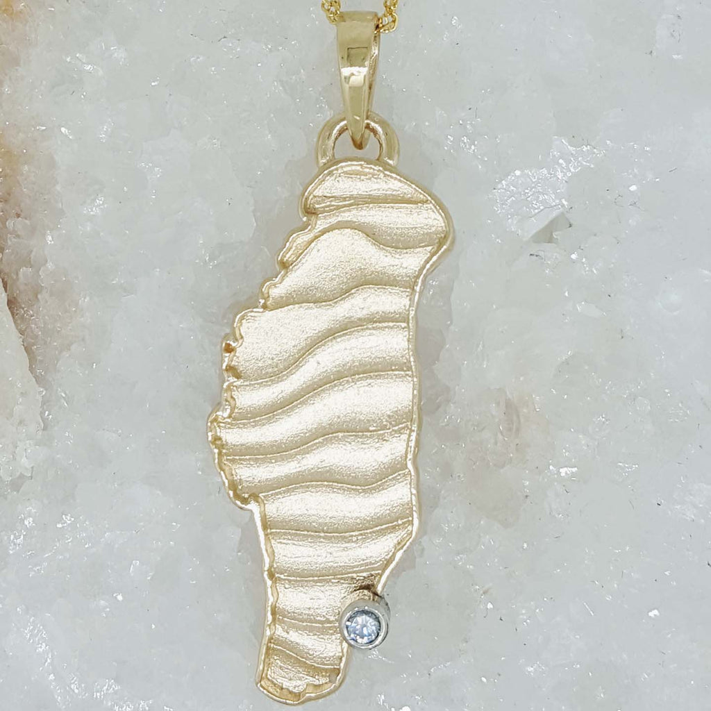 Custom Lake Winnebago Gold Pendant and Chain, Bezel set with a .05ct. Diamond at Your Special Location